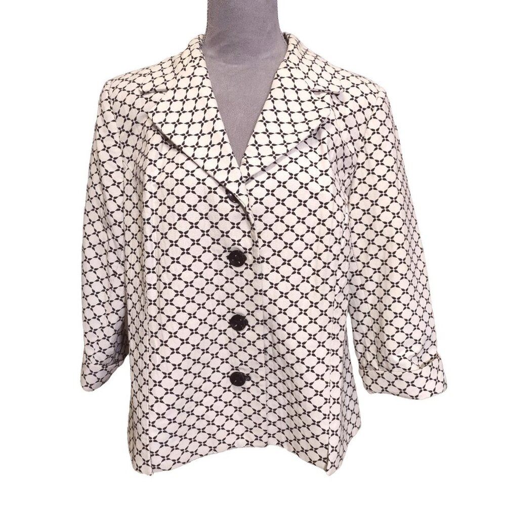 Kim Rogers Blazer Off White Geo Print Lined Jacket Square Hem Cuffed Womens 16